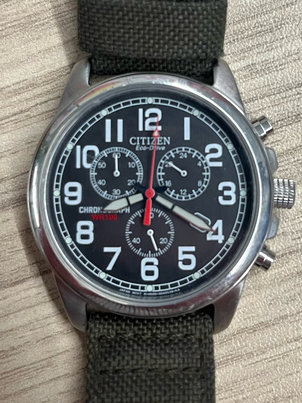Citizen Black Dial Chronograph Watch with Olive Green Strap